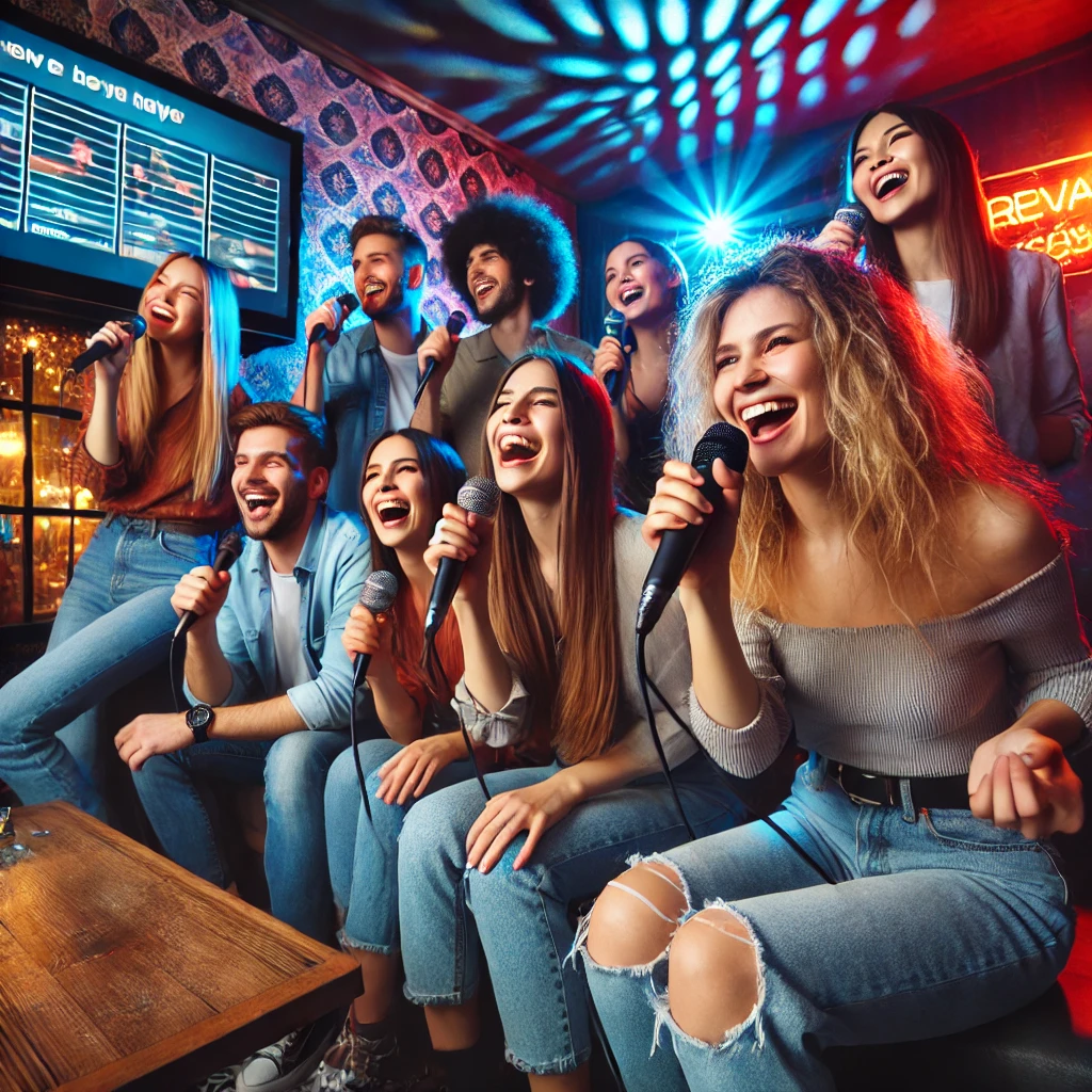 DALL·E 2025-03-07 16.14.53 - A group of people enjoying themselves in a karaoke box. They are singing into microphones, having fun with colorful lights and a screen displaying lyr